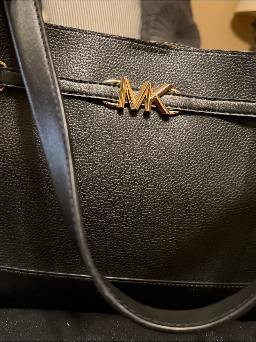 Michael Kors Black Leather Tote with Gold MK Accent